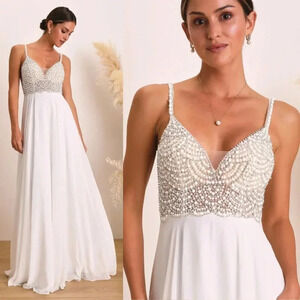 NWOT Lulus True Love White Beaded Rhinestone Maxi‎ Dress